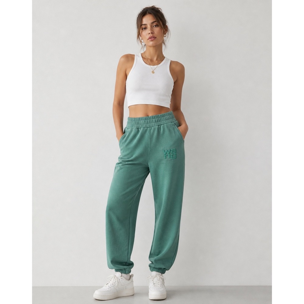 Alexander Wang Sweatpants Womens XS Teal Logo Joggers High Rise Fleece